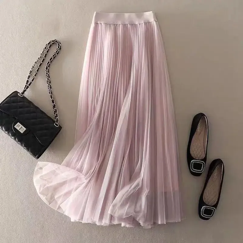 LVSANW Qooth Elastic Waist 3 Layers A-line Tutu Skirt Elegant Vintage Mesh Long Tulle Skirt For Spring Autumn QT2117