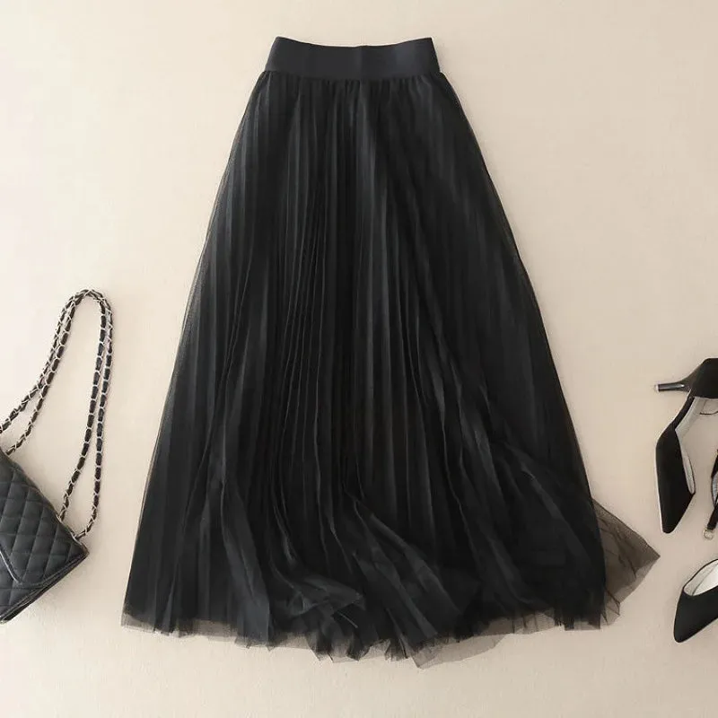 LVSANW Qooth Elastic Waist 3 Layers A-line Tutu Skirt Elegant Vintage Mesh Long Tulle Skirt For Spring Autumn QT2117