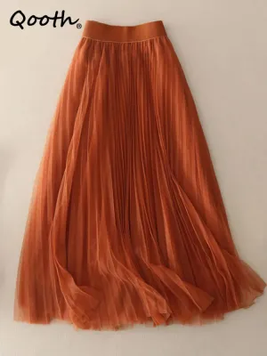 LVSANW Qooth Elastic Waist 3 Layers A-line Tutu Skirt Elegant Vintage Mesh Long Tulle Skirt For Spring Autumn QT2117