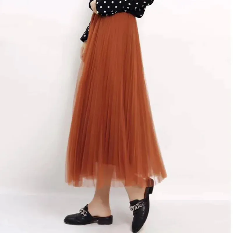 LVSANW Qooth Elastic Waist 3 Layers A-line Tutu Skirt Elegant Vintage Mesh Long Tulle Skirt For Spring Autumn QT2117
