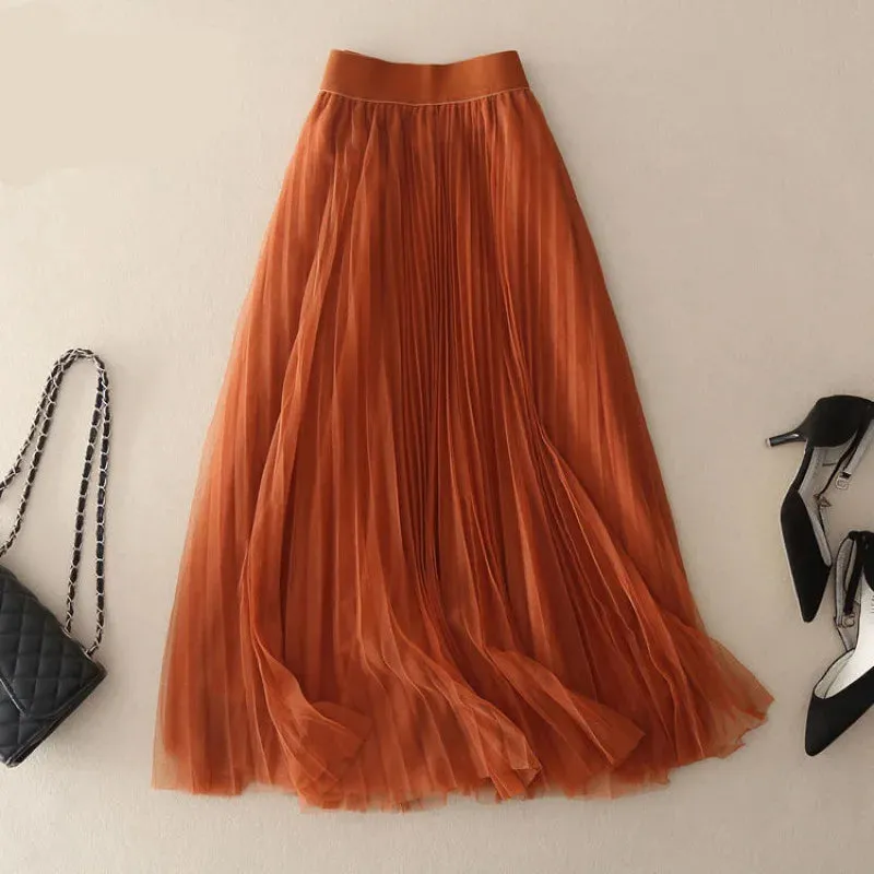 LVSANW Qooth Elastic Waist 3 Layers A-line Tutu Skirt Elegant Vintage Mesh Long Tulle Skirt For Spring Autumn QT2117