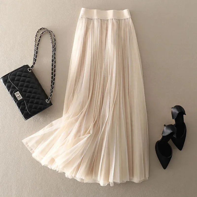LVSANW Qooth Elastic Waist 3 Layers A-line Tutu Skirt Elegant Vintage Mesh Long Tulle Skirt For Spring Autumn QT2117