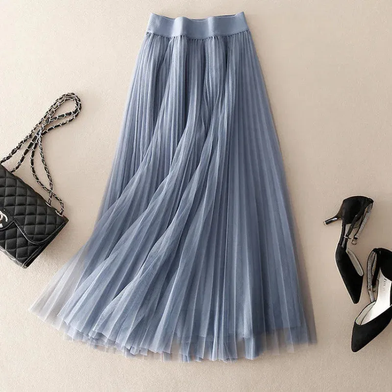 LVSANW Qooth Elastic Waist 3 Layers A-line Tutu Skirt Elegant Vintage Mesh Long Tulle Skirt For Spring Autumn QT2117