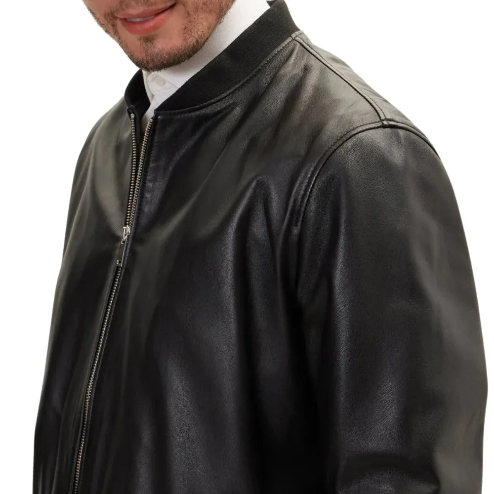 Men's Genuine Black Leather Bomber Jacket