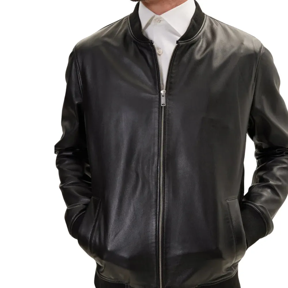 Men's Genuine Black Leather Bomber Jacket