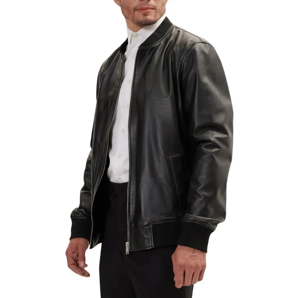 Men's Genuine Black Leather Bomber Jacket