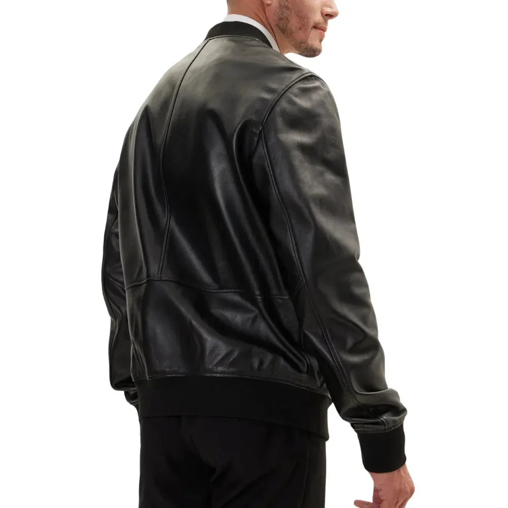 Men's Genuine Black Leather Bomber Jacket