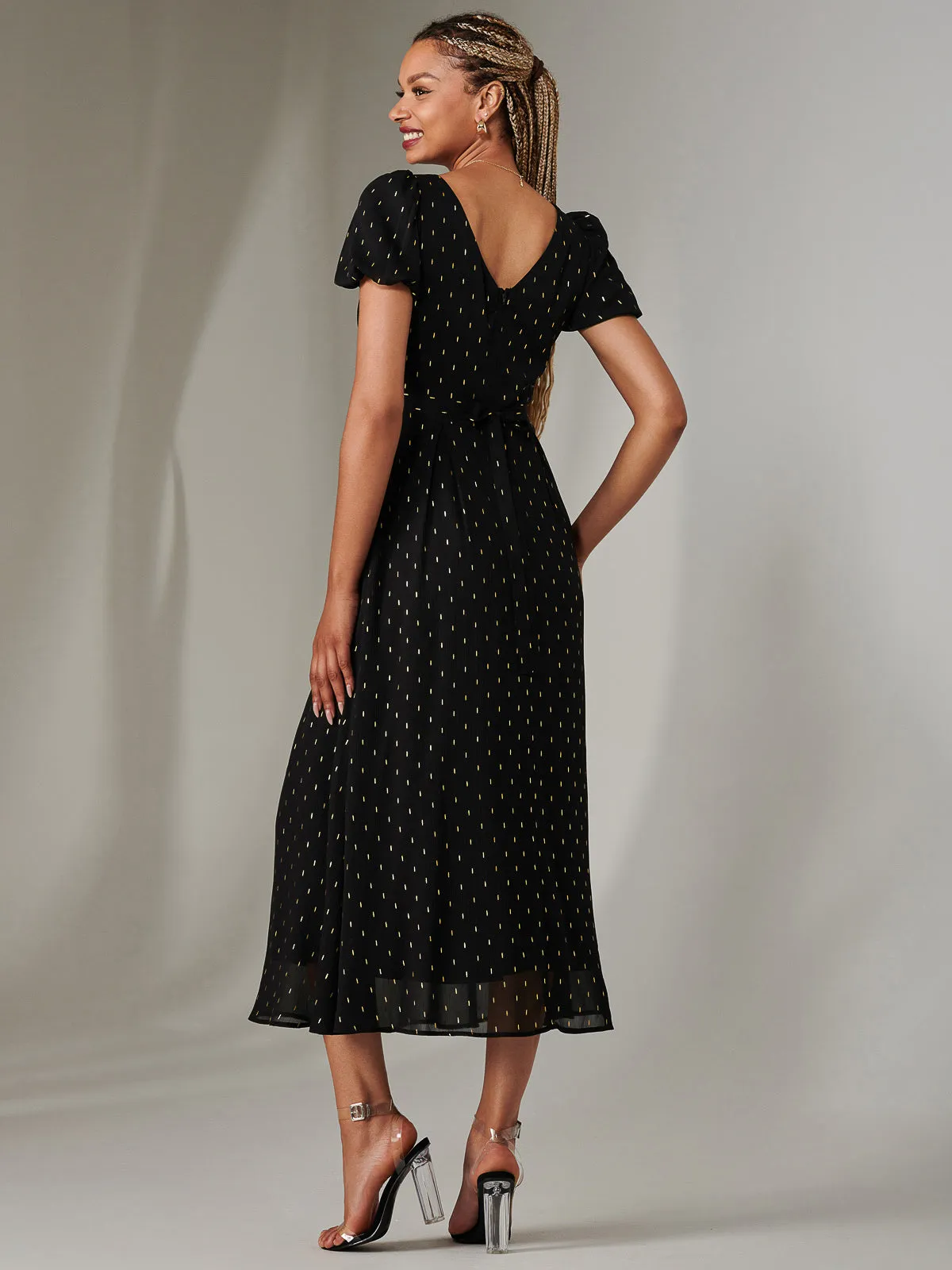 Metallic Spot Chiffon Midimix Dress, Black