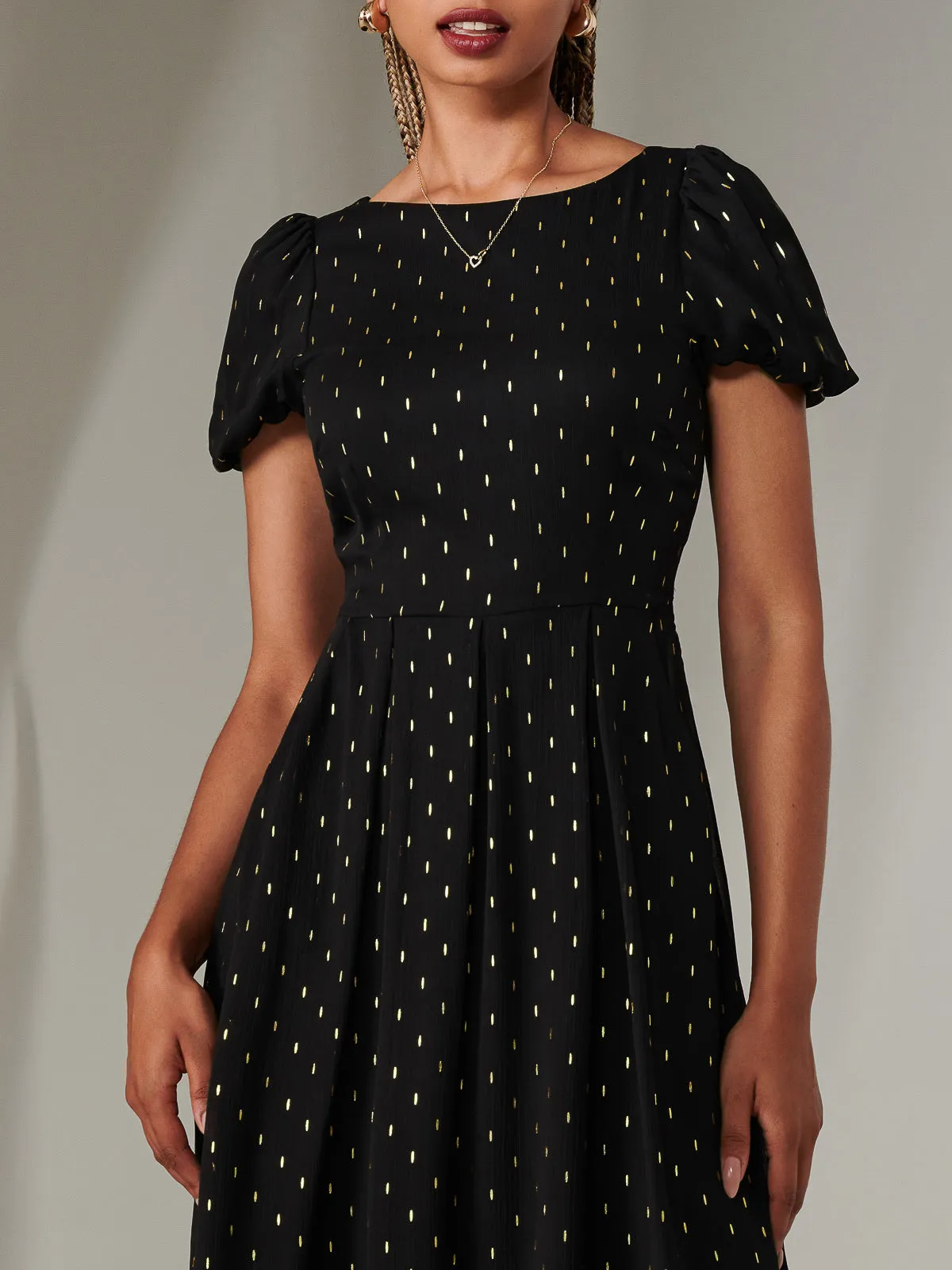 Metallic Spot Chiffon Midimix Dress, Black