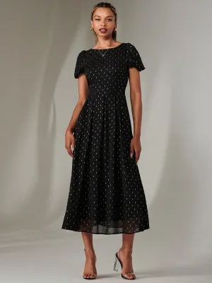 Metallic Spot Chiffon Midimix Dress, Black