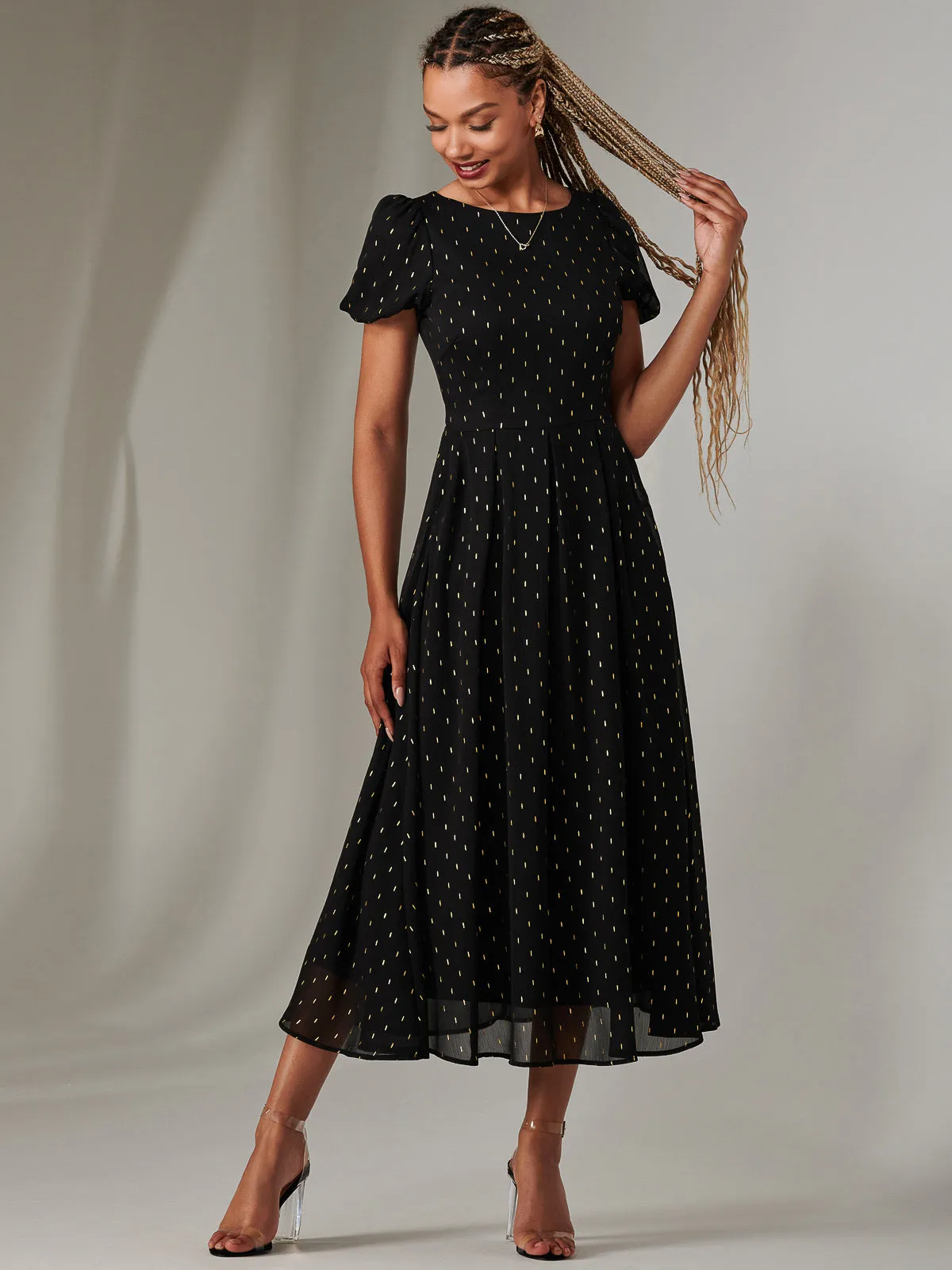 Metallic Spot Chiffon Midimix Dress, Black
