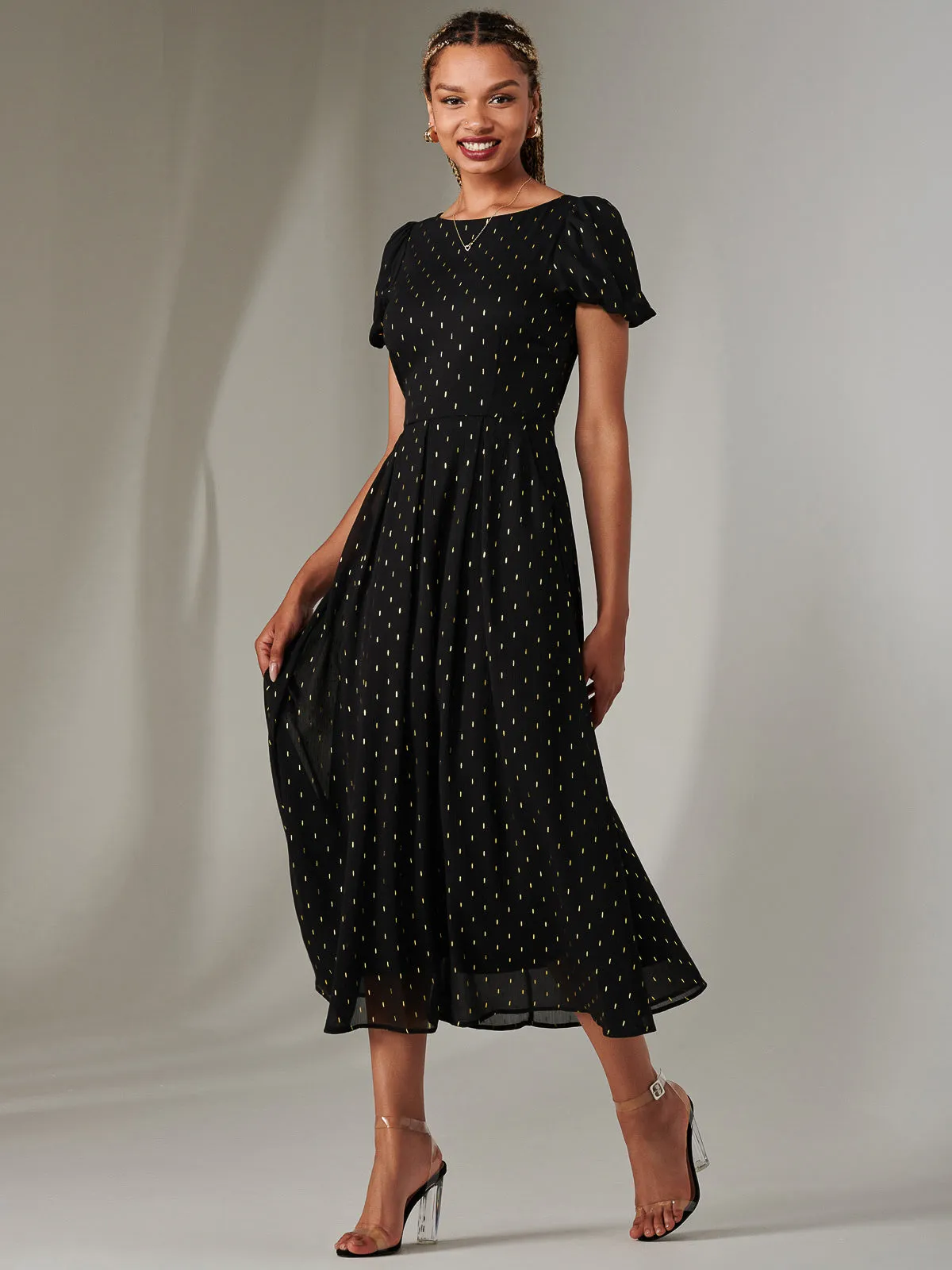 Metallic Spot Chiffon Midimix Dress, Black