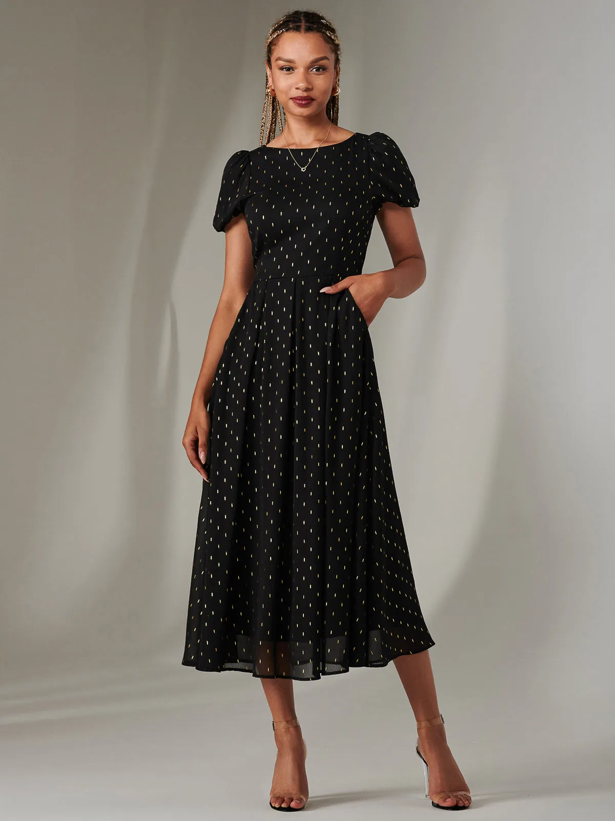 Metallic Spot Chiffon Midimix Dress, Black