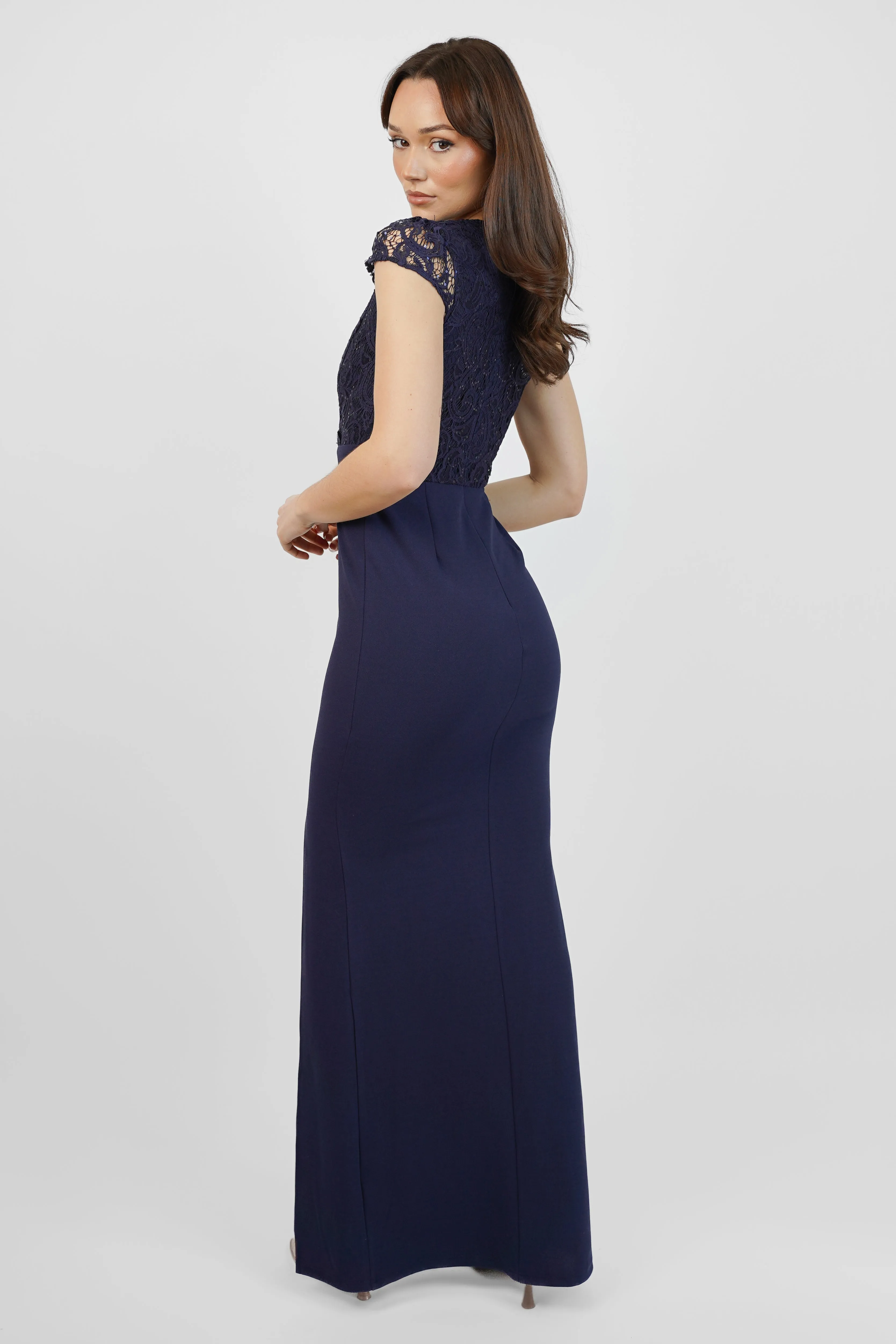 Navy Sequin Lace Maxi Dress with Slit