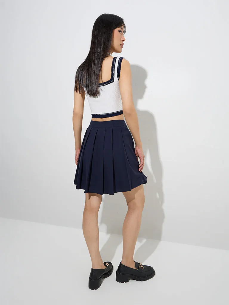 Nuon Navy Pleated High-Rise Cotton Skirt
