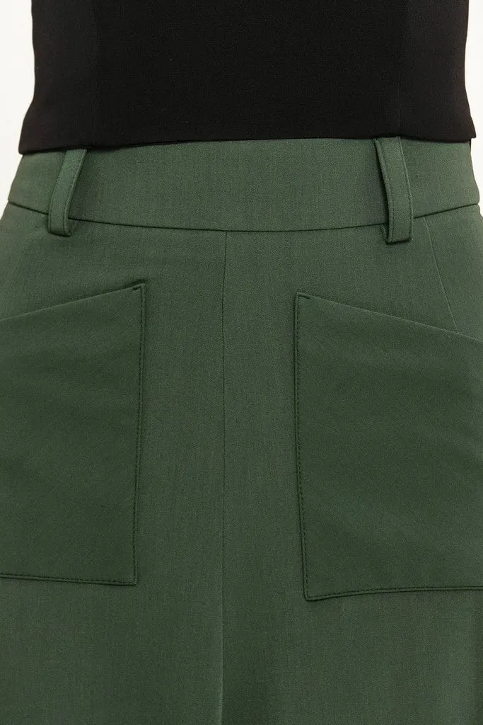 Olive Elegant Day Godet Maxi Skirt with Pockets