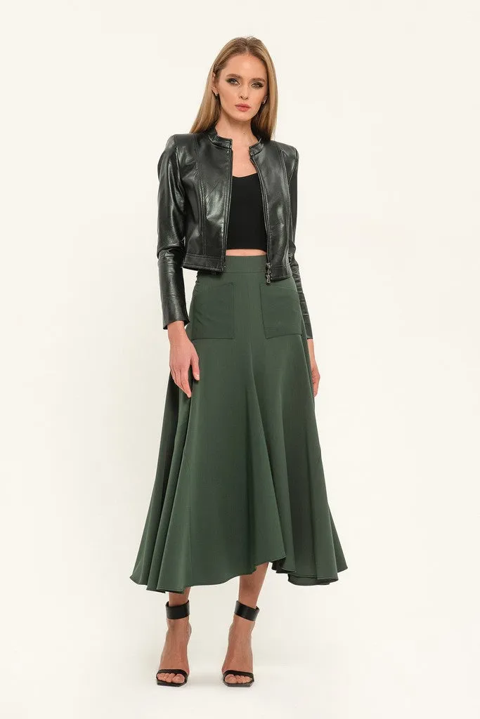 Olive Elegant Day Godet Maxi Skirt with Pockets
