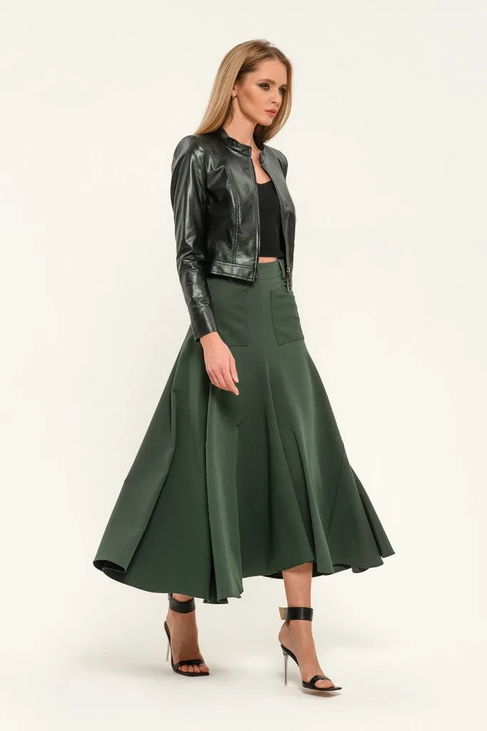 Olive Elegant Day Godet Maxi Skirt with Pockets