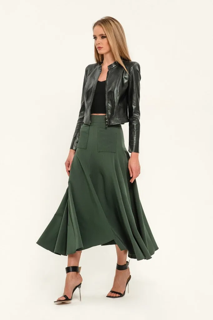 Olive Elegant Day Godet Maxi Skirt with Pockets