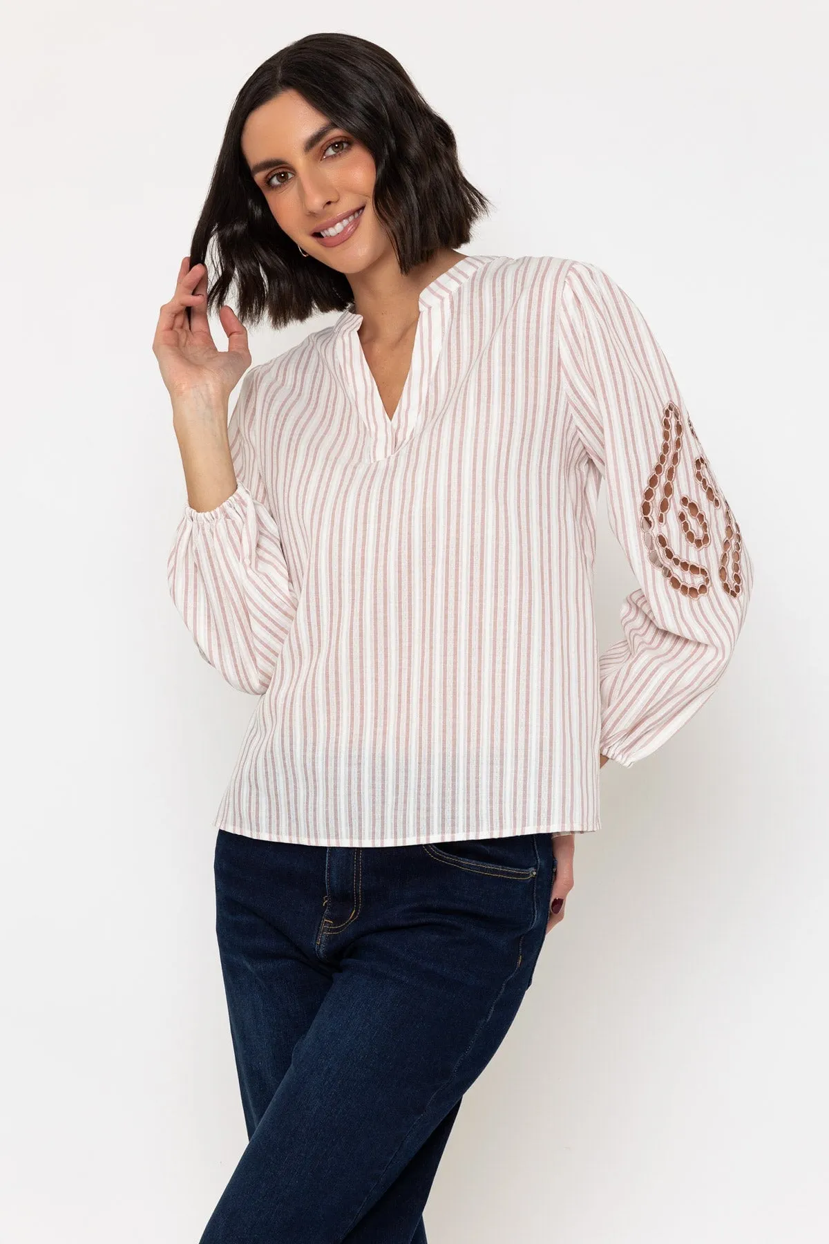 Pink Embroidered Long Sleeve Cotton Top