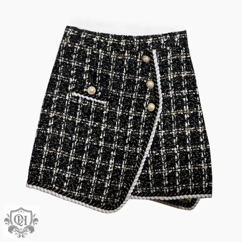 Plaid Buttoned High Waist Asymmetric Skirt