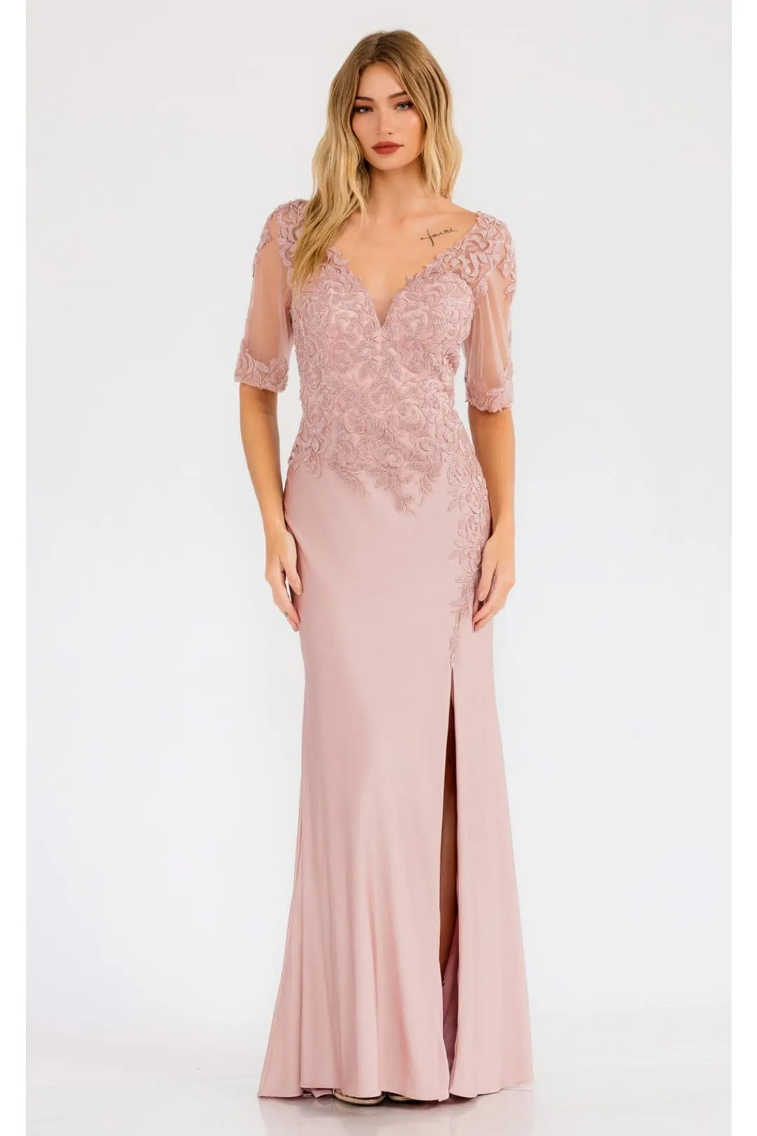 Sheer Short Sleeve Evening  Gown Juliet JTM15L
