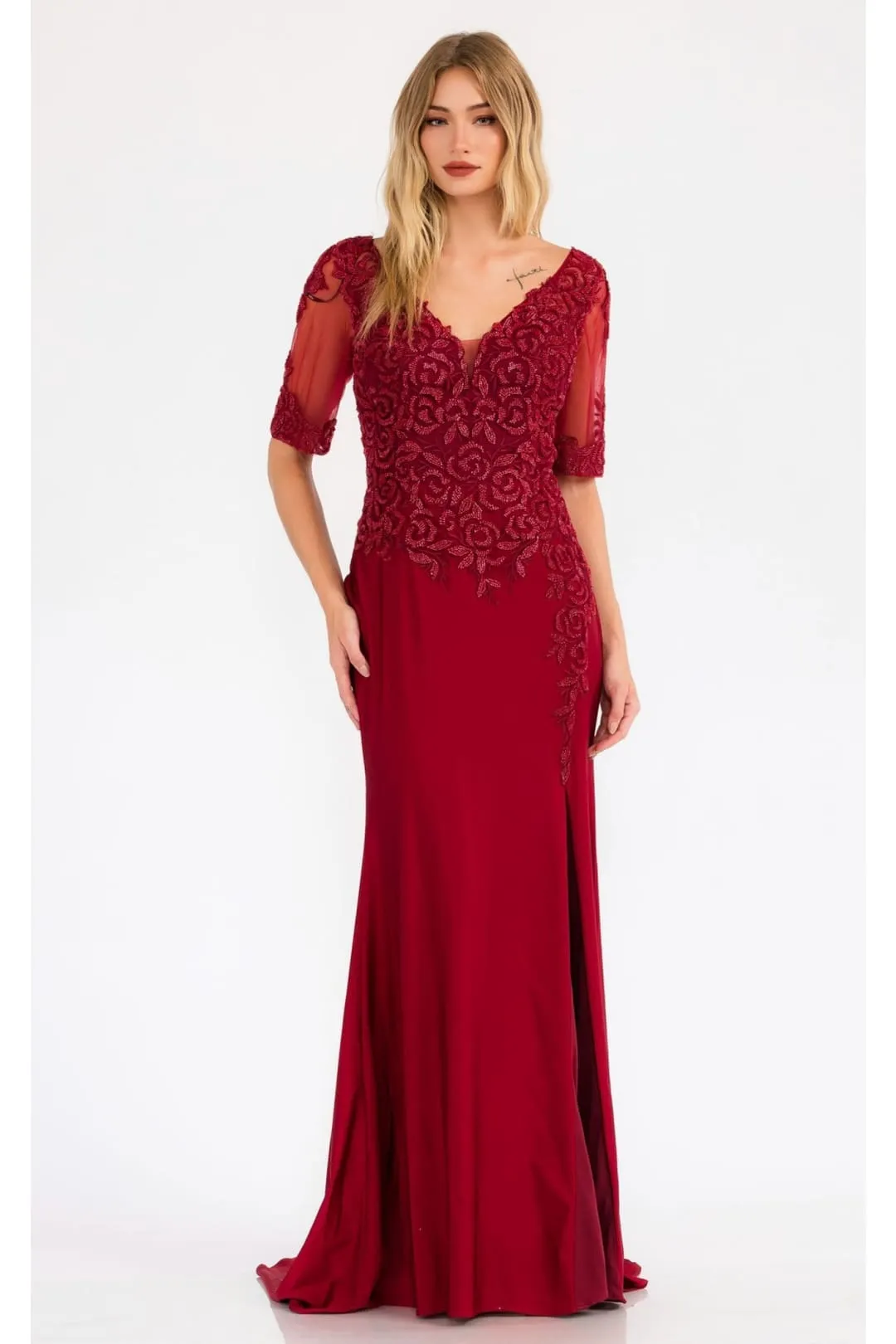 Sheer Short Sleeve Evening  Gown Juliet JTM15L