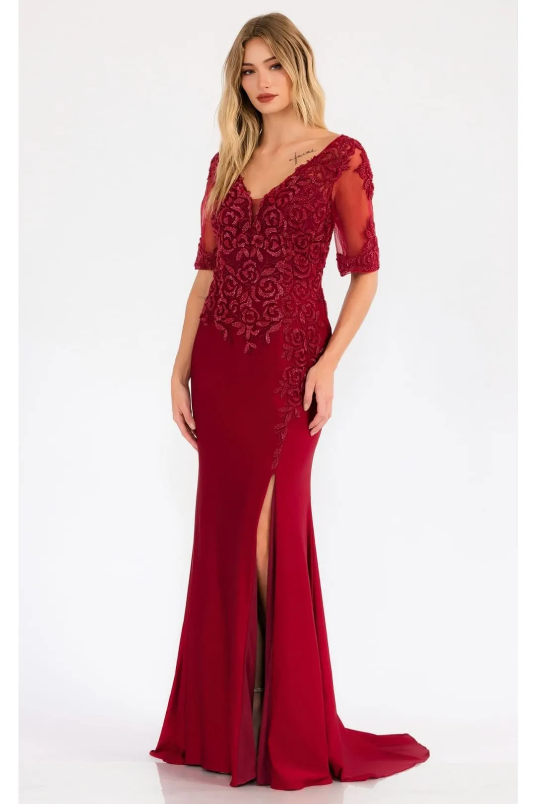 Sheer Short Sleeve Evening  Gown Juliet JTM15L