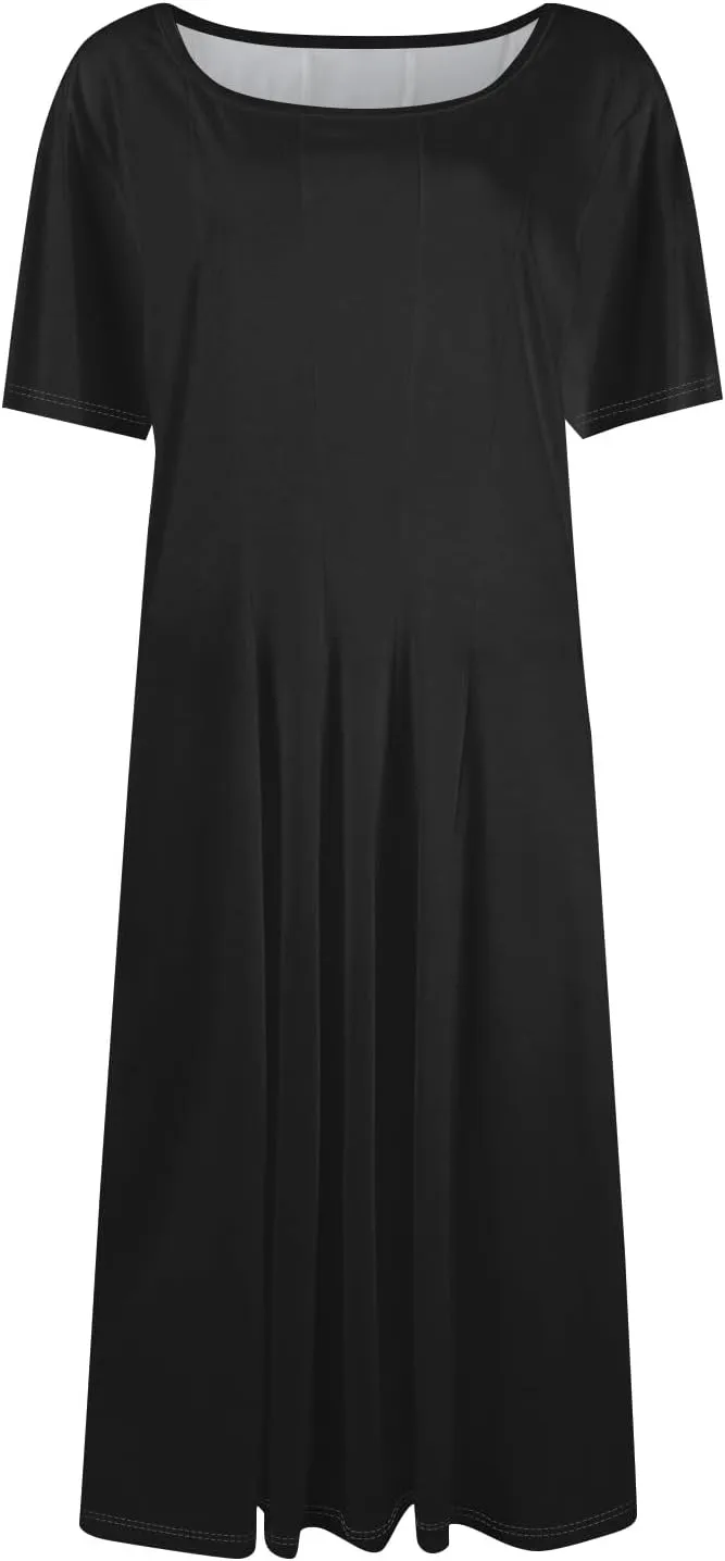 Shirt Dresses for Women Midi Ruched Summer Short Sleeve Crewneck Dress Cocktail A Line Dresses with Side Pocket Dress