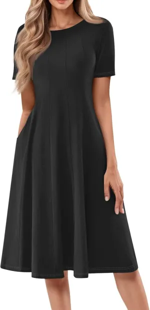 Shirt Dresses for Women Midi Ruched Summer Short Sleeve Crewneck Dress Cocktail A Line Dresses with Side Pocket Dress