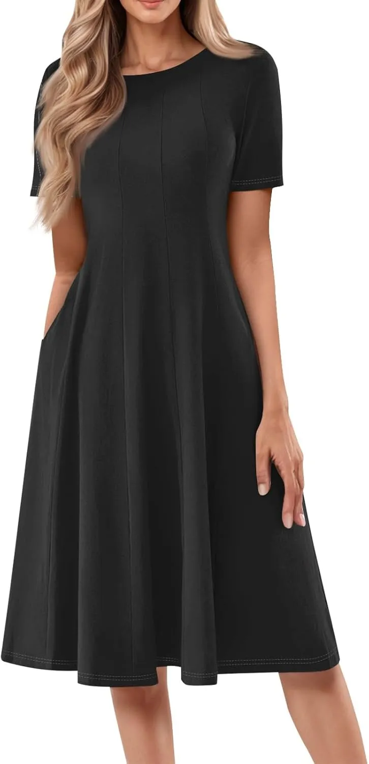 Shirt Dresses for Women Midi Ruched Summer Short Sleeve Crewneck Dress Cocktail A Line Dresses with Side Pocket Dress