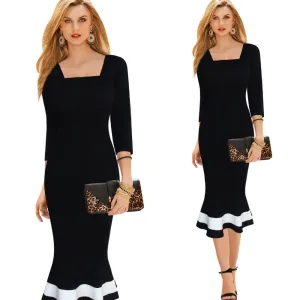 Square Collar 3/4 Sleeves Mermaid Patchwork Knee-length Dress