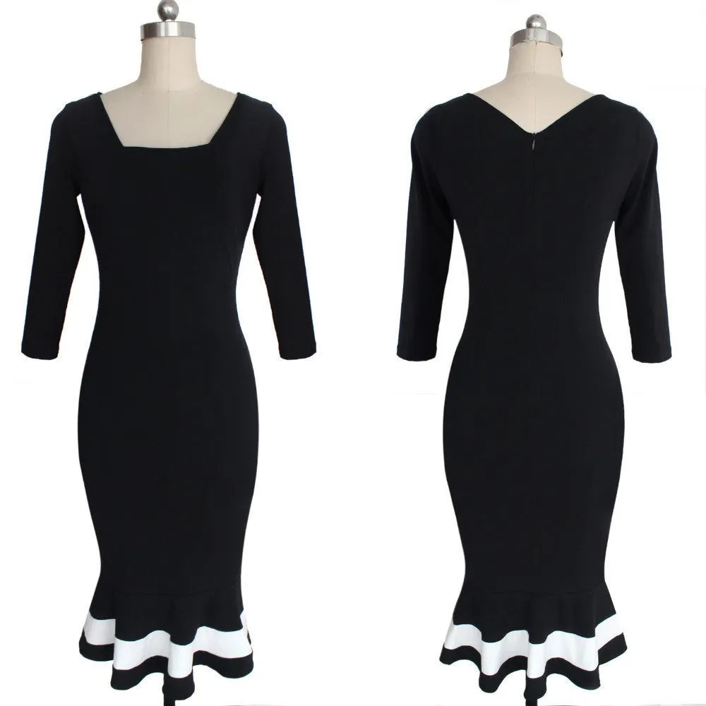 Square Collar 3/4 Sleeves Mermaid Patchwork Knee-length Dress