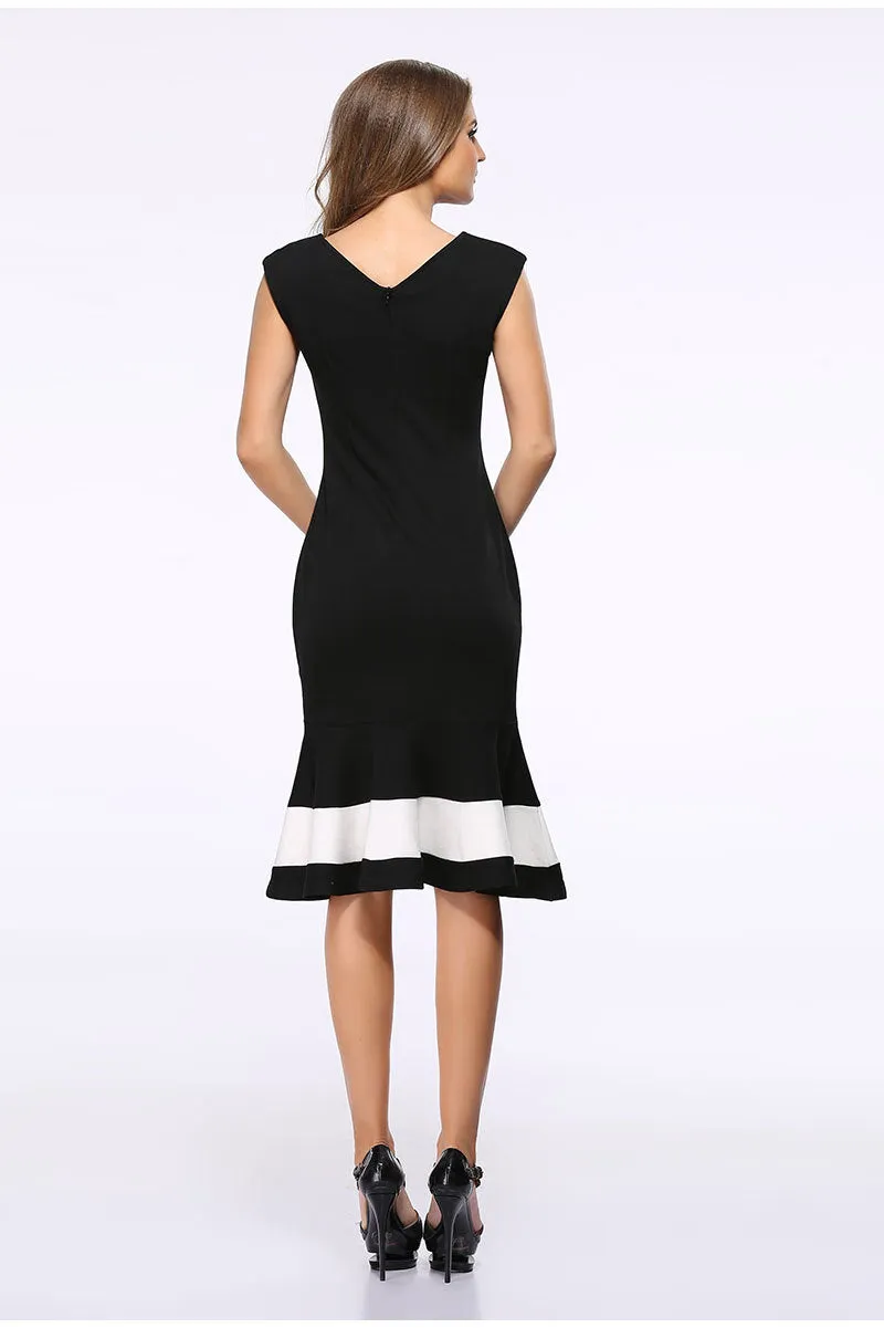 Square Collar 3/4 Sleeves Mermaid Patchwork Knee-length Dress