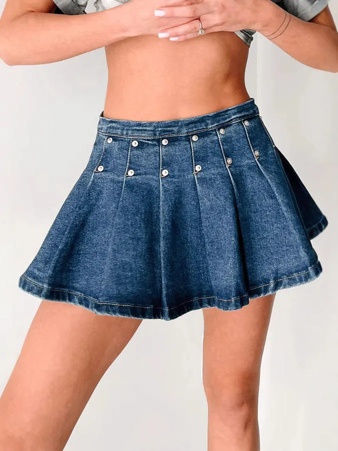 Summer Sexy Rivet Retro Pleated Denim Skirt