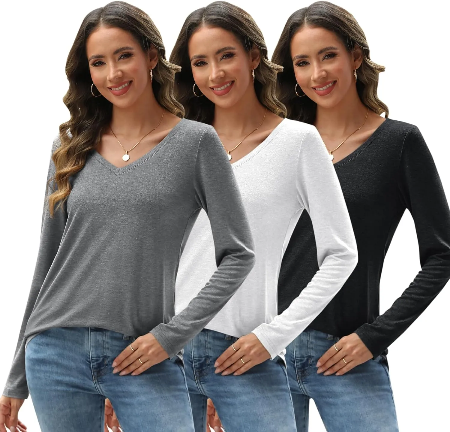 SUNBS 3 Pack Womens Long Sleeve Shirts V Neck Tops Loose Fit Causal Fall Fashion Outfits Trendy Clothes Winter 2025