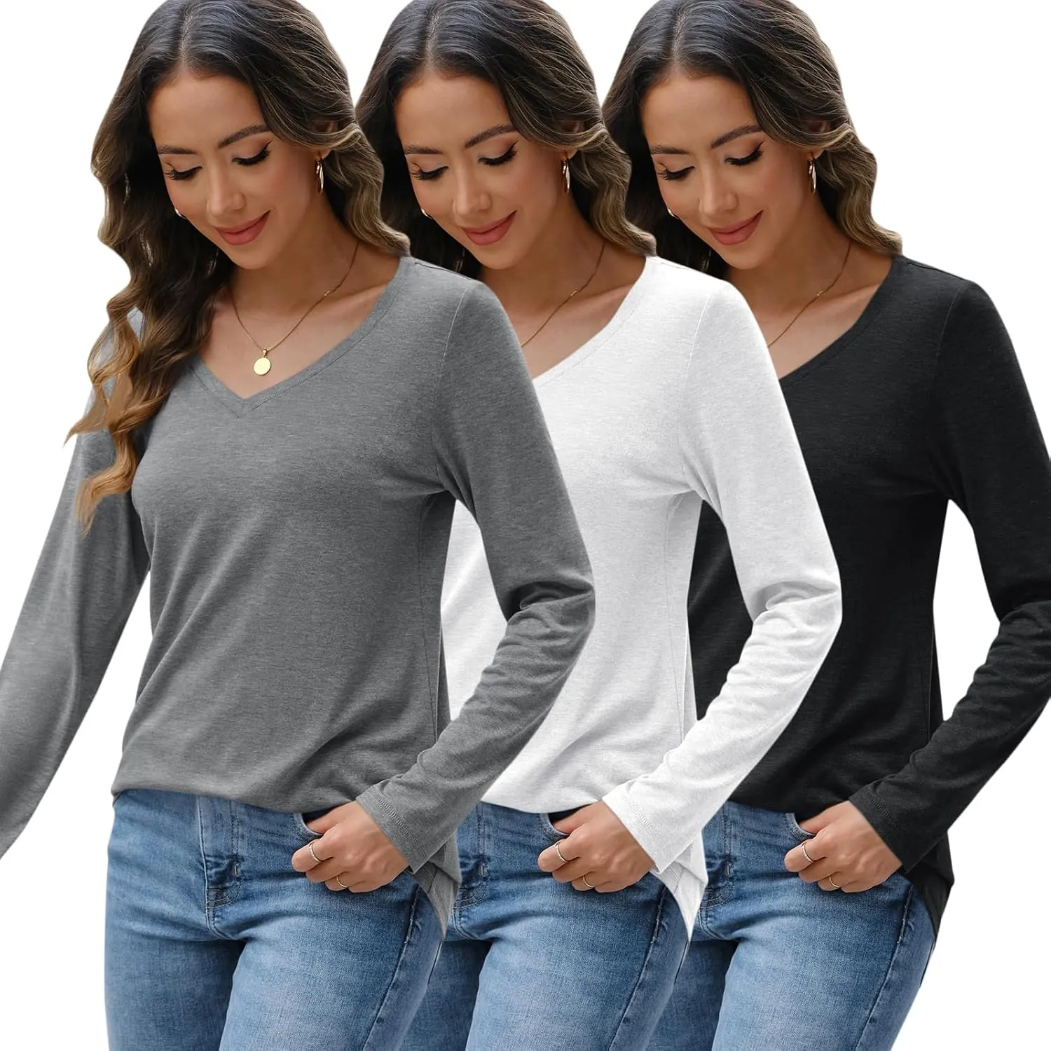 SUNBS 3 Pack Womens Long Sleeve Shirts V Neck Tops Loose Fit Causal Fall Fashion Outfits Trendy Clothes Winter 2025