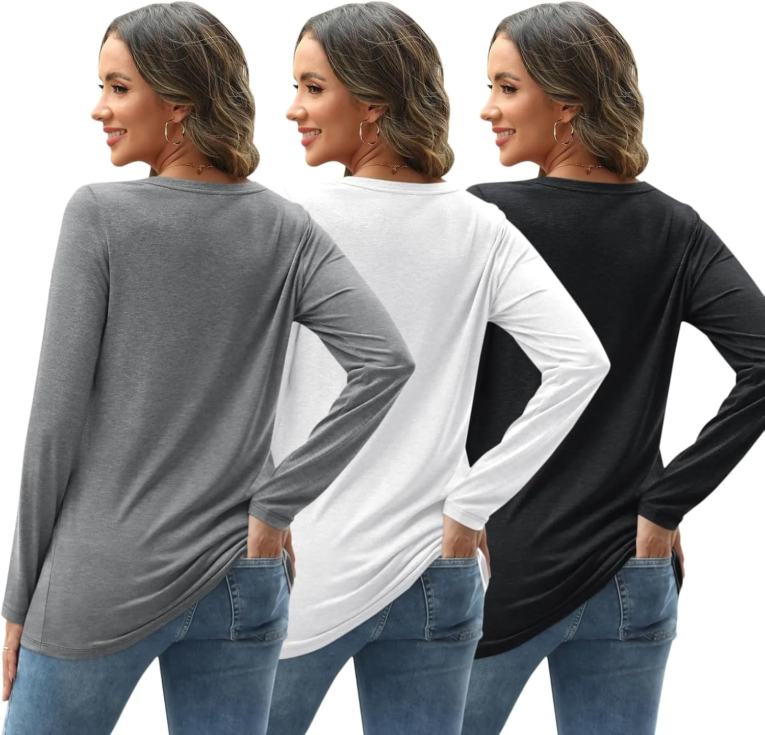SUNBS 3 Pack Womens Long Sleeve Shirts V Neck Tops Loose Fit Causal Fall Fashion Outfits Trendy Clothes Winter 2025