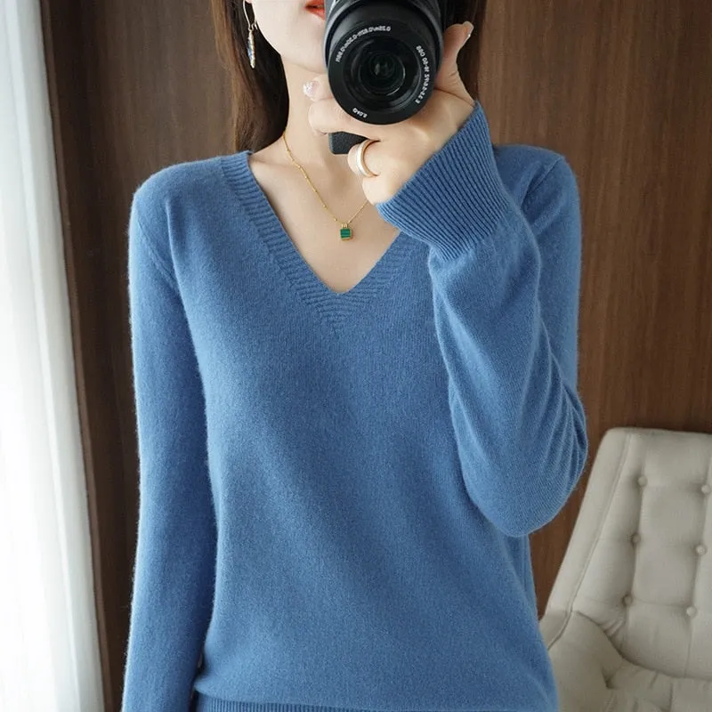 Sweater Knitted Pullovers V-neck Slim Fit Bottoming Shirt Solid Soft Knitwear