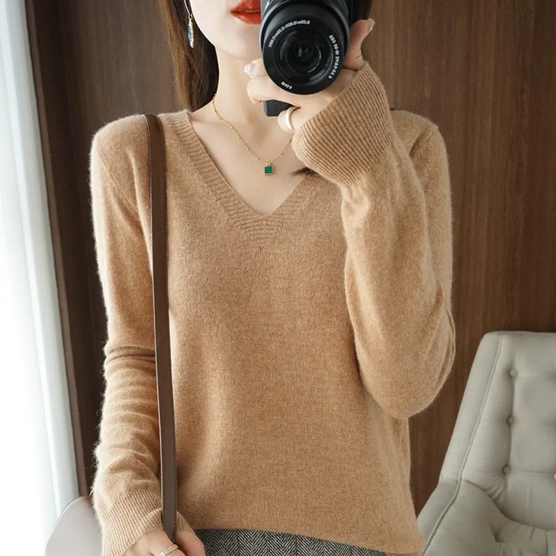 Sweater Knitted Pullovers V-neck Slim Fit Bottoming Shirt Solid Soft Knitwear