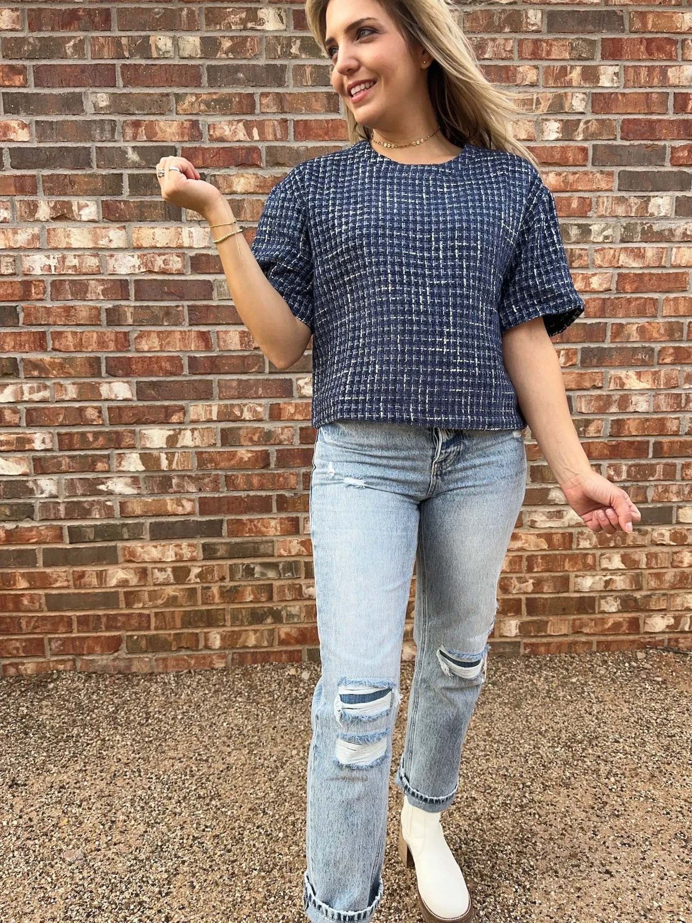 Timeless Fashion Boxy Boucle Top in Navy Blue