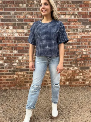 Timeless Fashion Boxy Boucle Top in Navy Blue