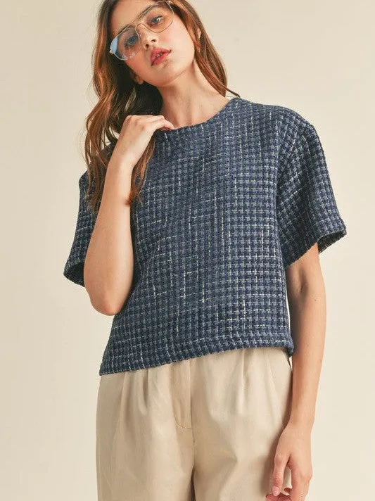 Timeless Fashion Boxy Boucle Top in Navy Blue