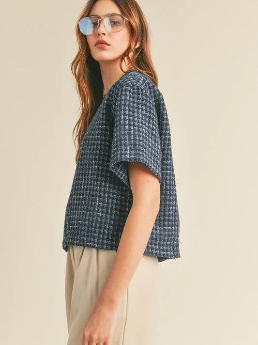 Timeless Fashion Boxy Boucle Top in Navy Blue