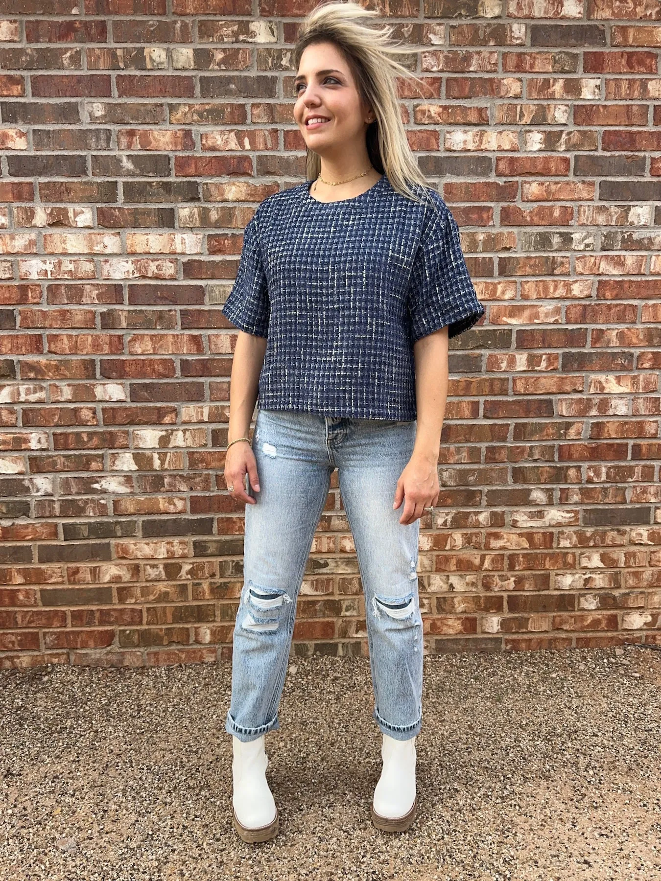 Timeless Fashion Boxy Boucle Top in Navy Blue
