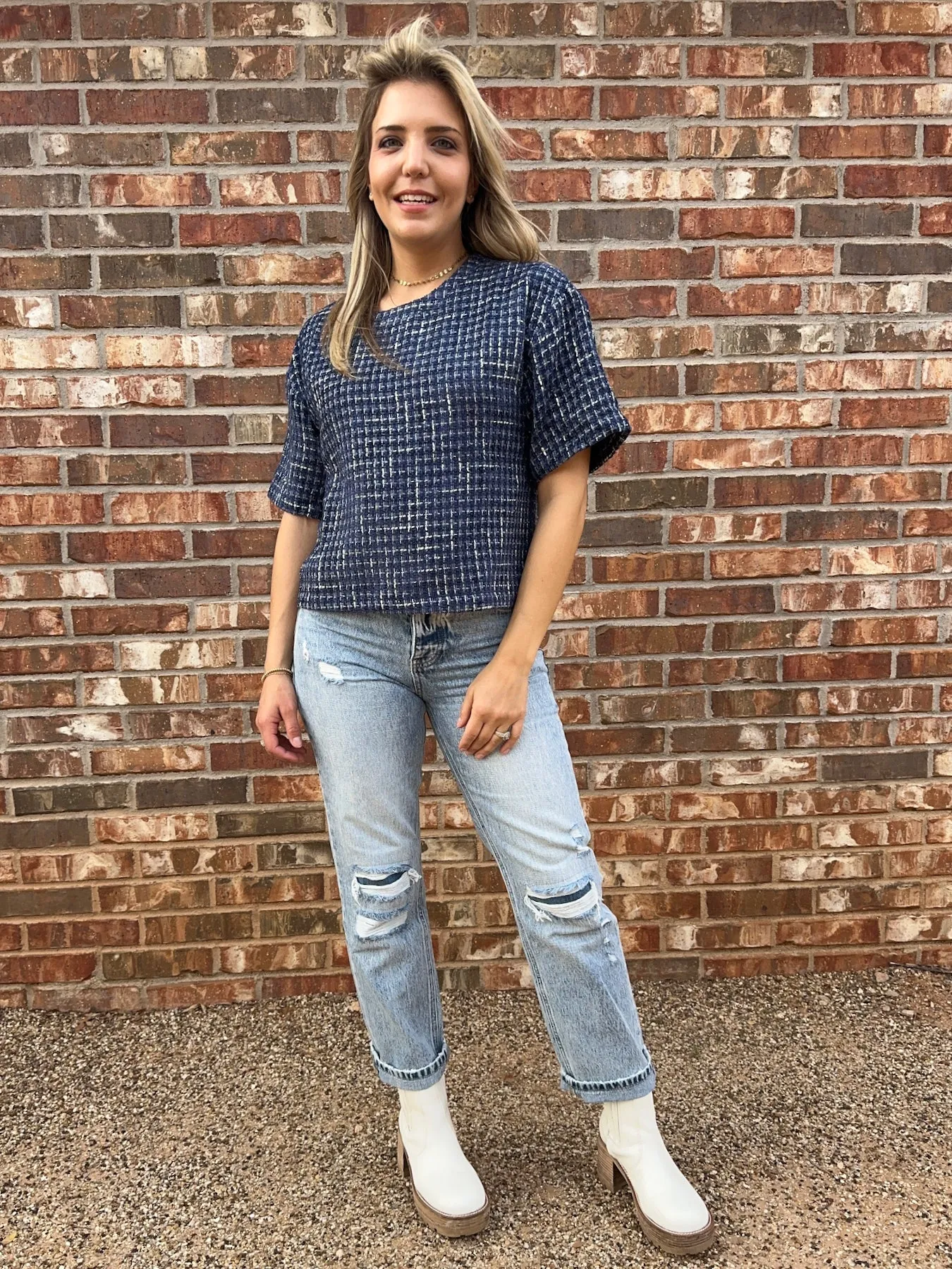 Timeless Fashion Boxy Boucle Top in Navy Blue