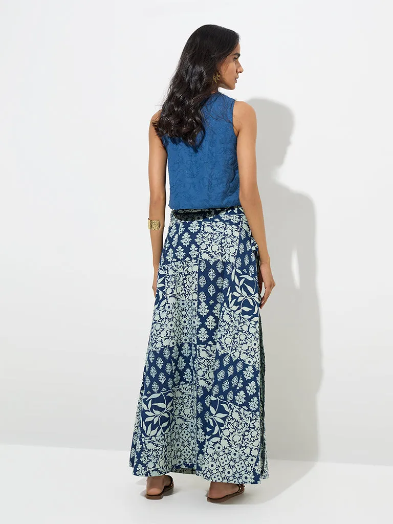 Utsa Navy Botanical Design Wrap-Style Cotton-Blend Skirt
