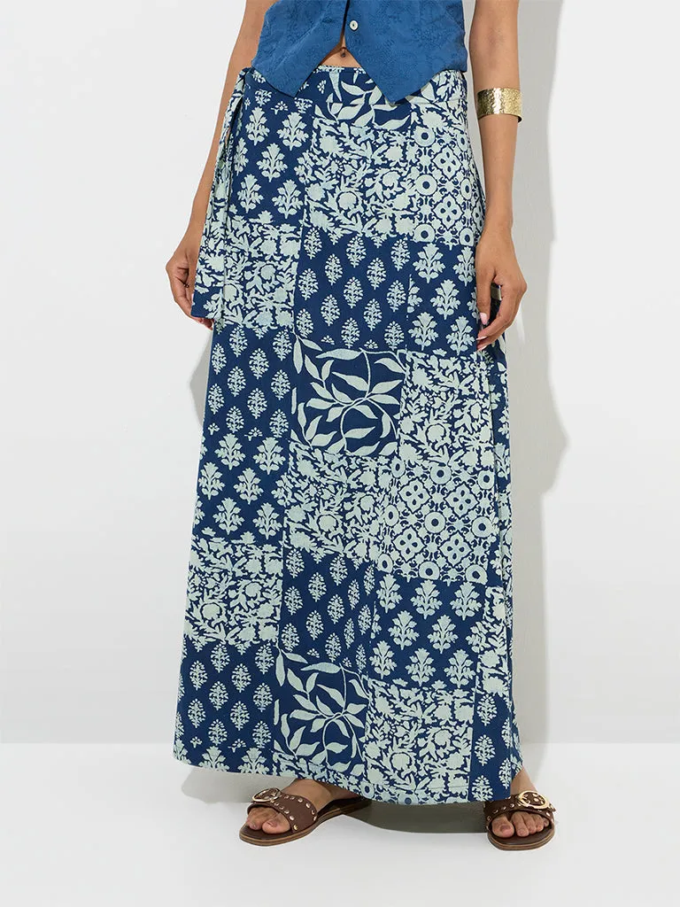 Utsa Navy Botanical Design Wrap-Style Cotton-Blend Skirt
