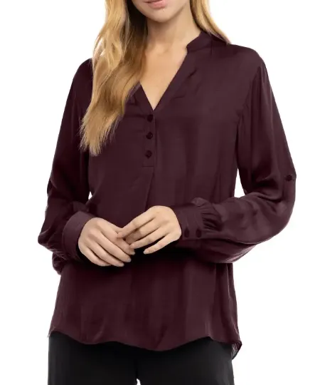 V-Neck Long Sleeve Blouse - Sangria - FINAL SALE