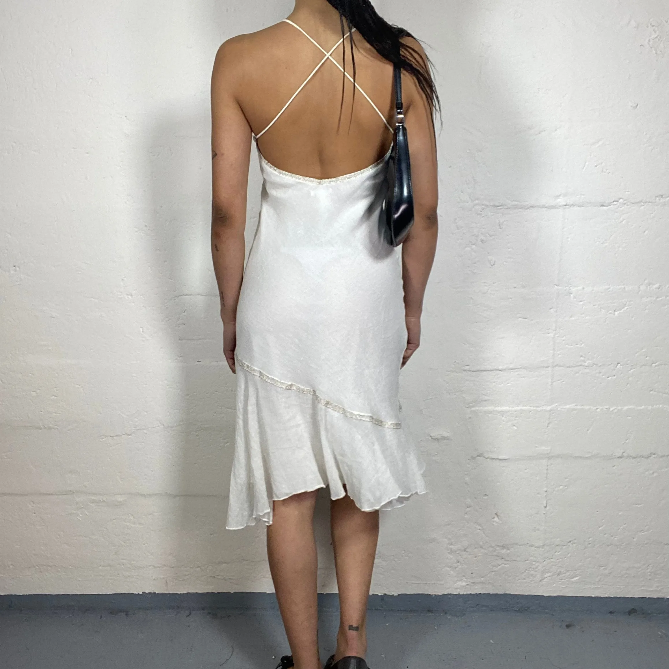 Vintage 2000's Summer Feminine White Flowy Midi Cami Dress with Open Back and Bottom Draping (S)